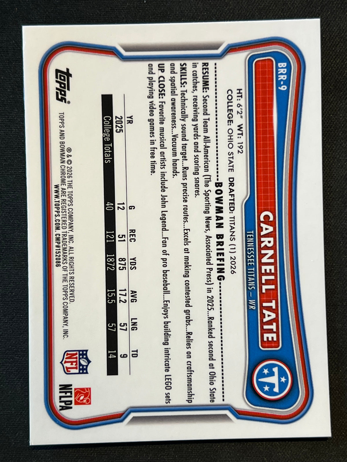 2026 Bowman Football - Carnell Tate Red Rookie Silver #BRR-9 Titans