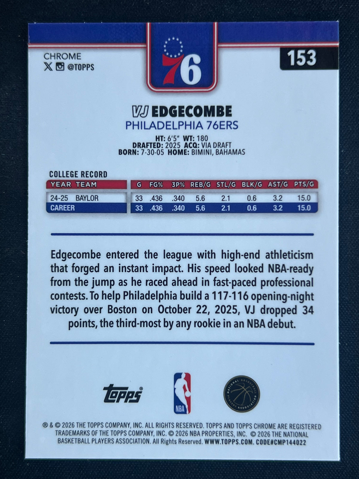 2026 Topps Chrome VJ Edgecombe Philadelphia 76ers RC X-Fractor #153 Rookie