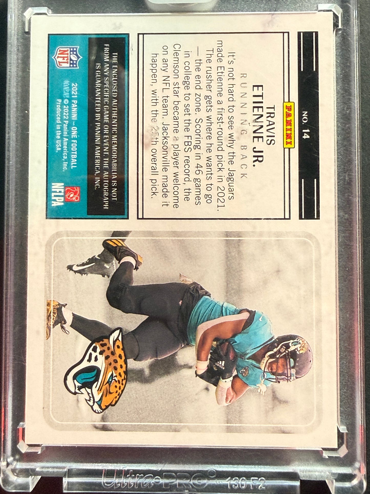 2021 Panini One - Rookie Patch Autograph Travis Etienne #14 50/99 (AU, MEM, RC)