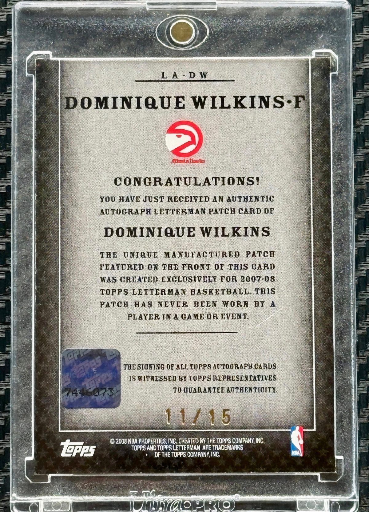 2008 Topps Letterman NBA Basketball Patch Dominique Wilkins Autograph 11/15