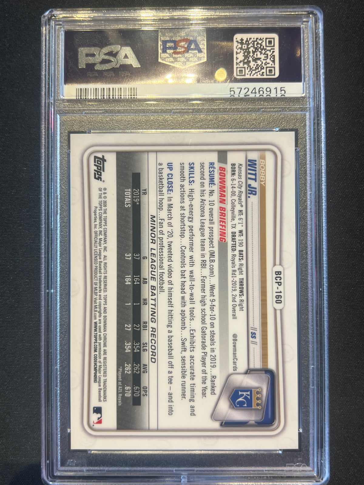 2020 Bowman Chrome Bobby Witt Jr. #BCP-160 Purple Shimmer Refractor /250 PSA 9