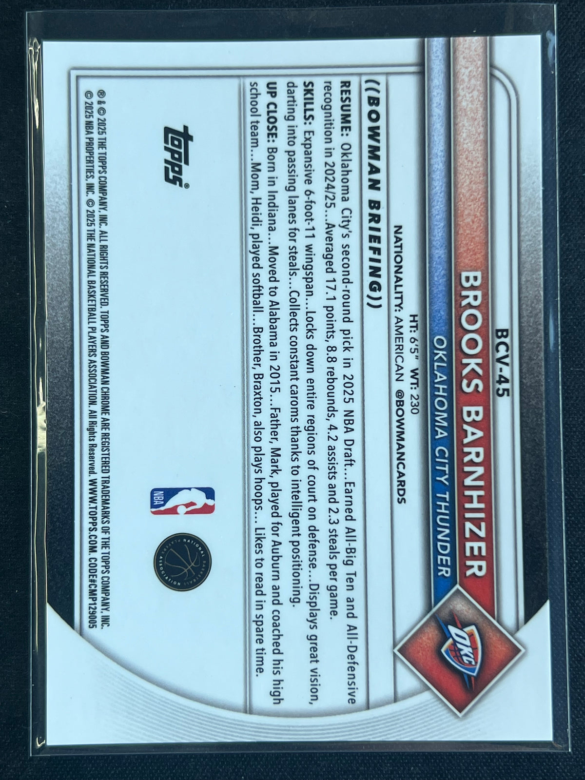 2025-26 Bowman Brooks Barnhizer Chrome RC Rose Gold #/15 Thunder