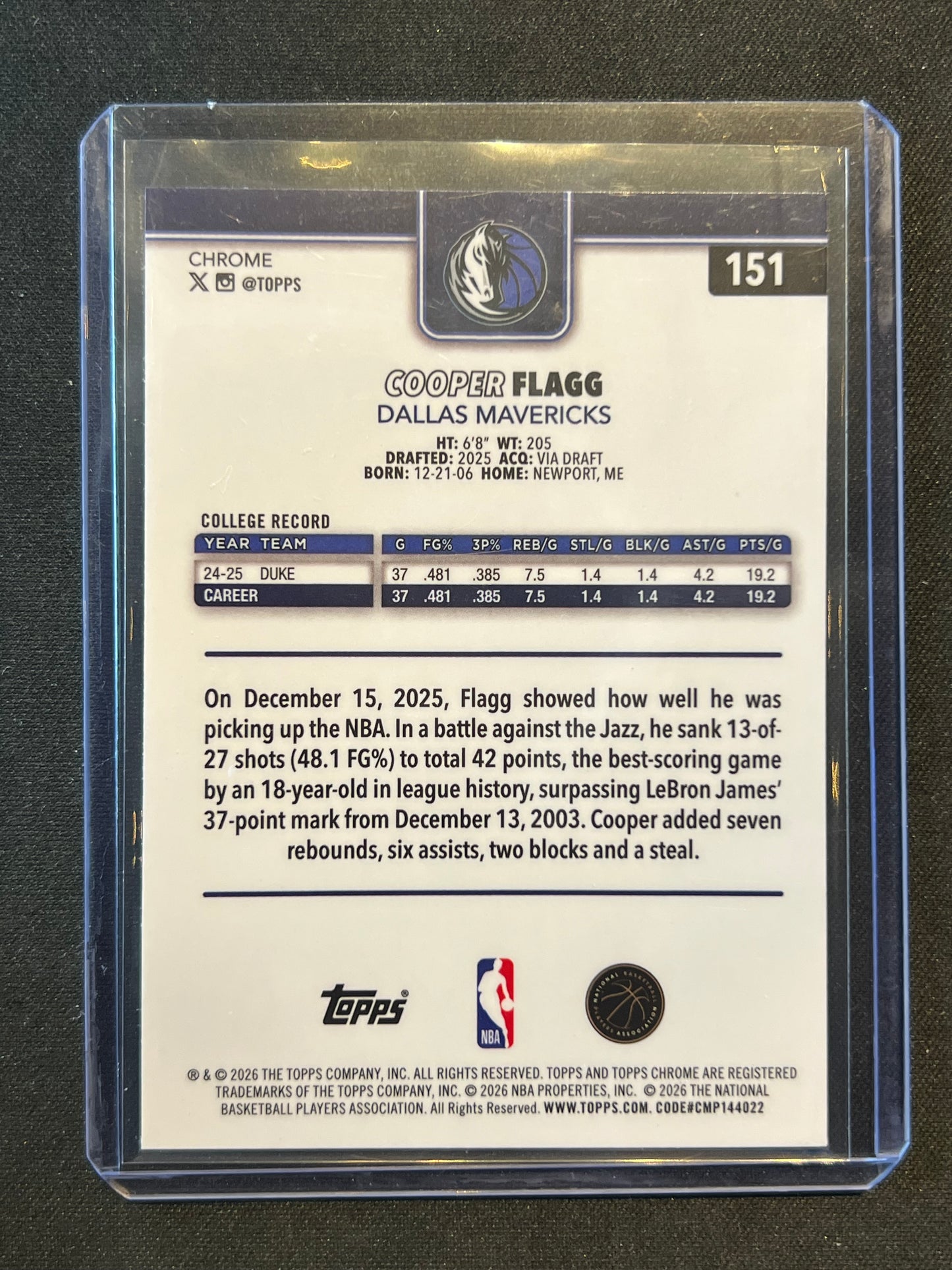 2025-26 Topps Chrome Update Basketball Cooper Flagg RC #151-Dallas Mavericks