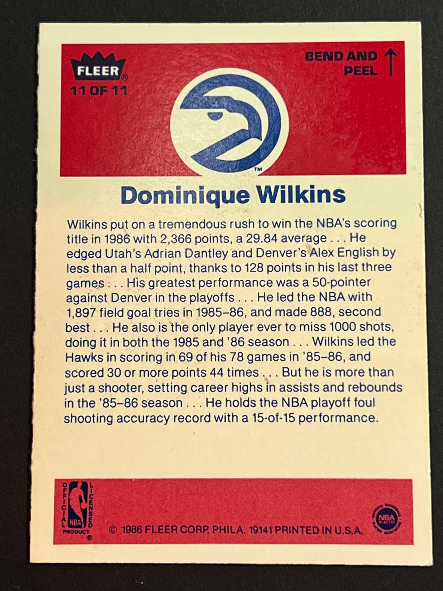 1986 Fleer Stickers Dominique Wilkins #11 Atlanta Hawks