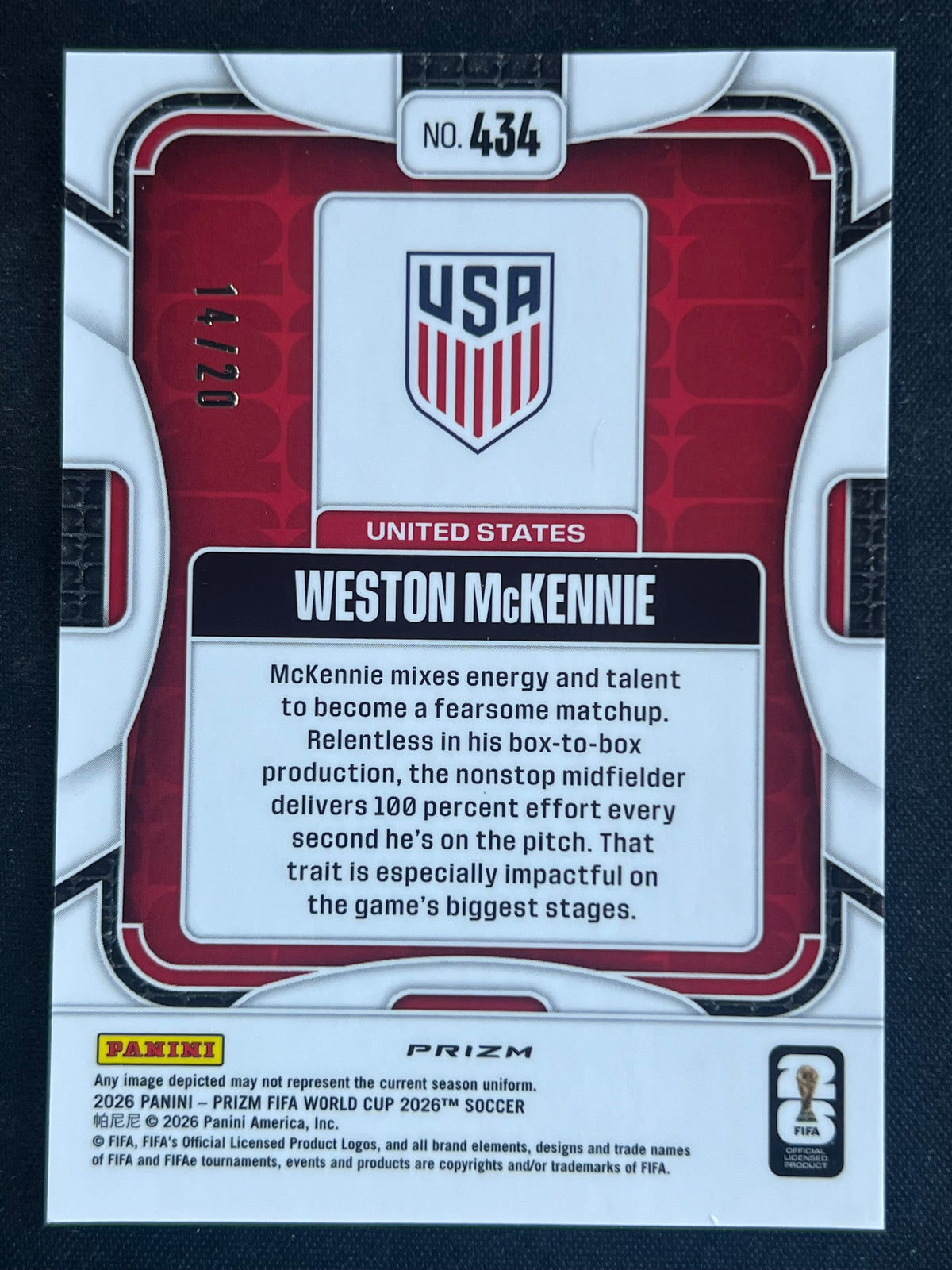 2026 Prizm FIFA World Cup Weston McKennie White Disco 14/20 #434 USA