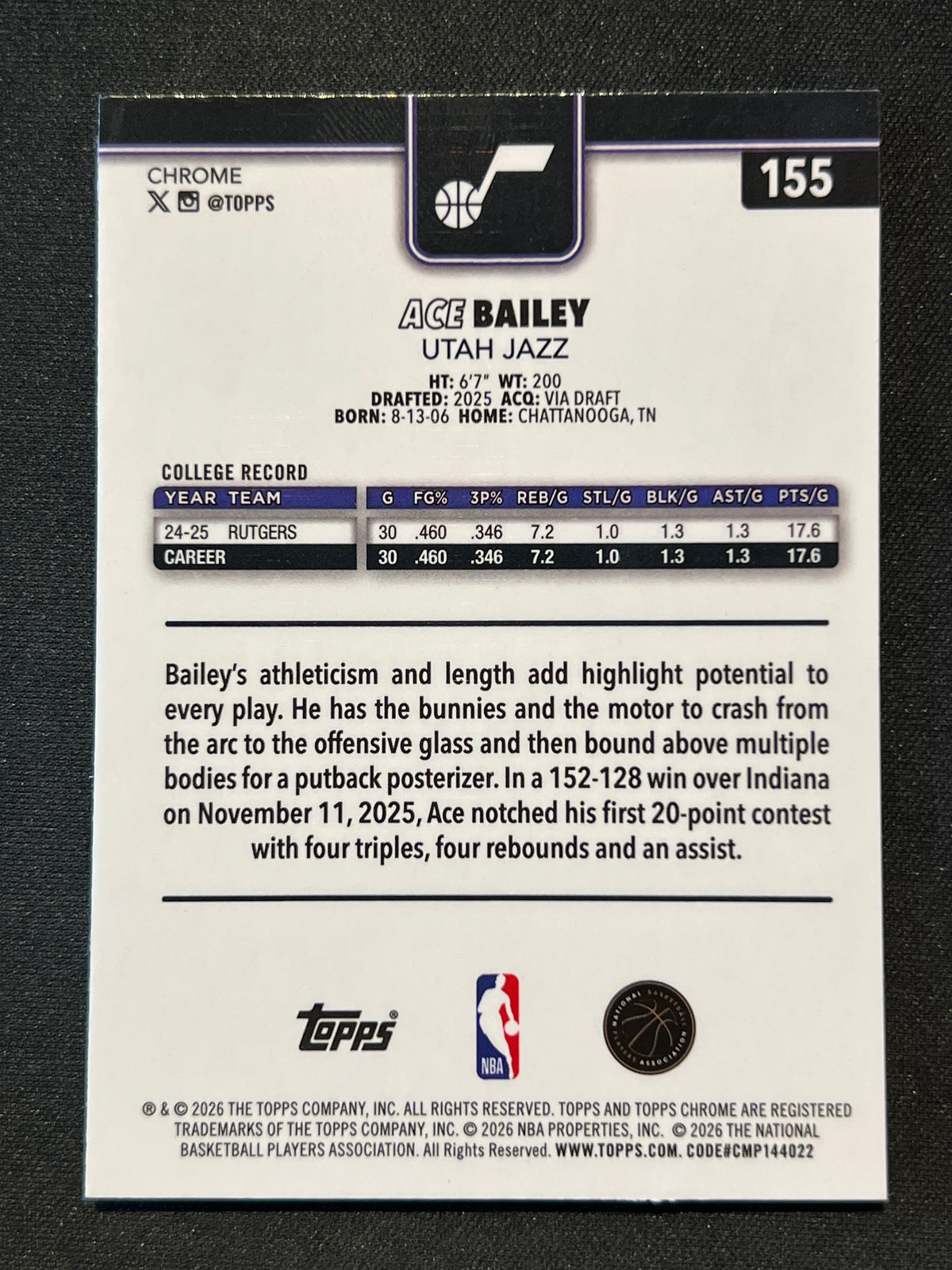 2025-26 Topps Chrome Update Ace Bailey RayWave Refractor RC Rookie #155 Jazz