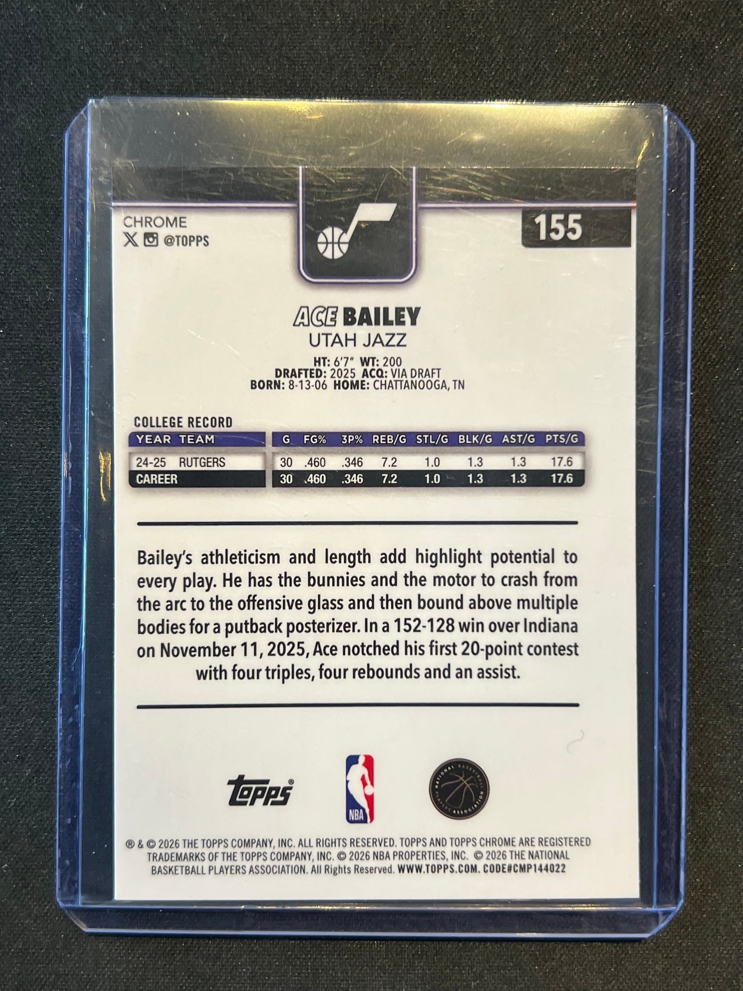 2025-26 Topps Chrome Update Ace Bailey RC #155 Aqua RayWave Refractor /199