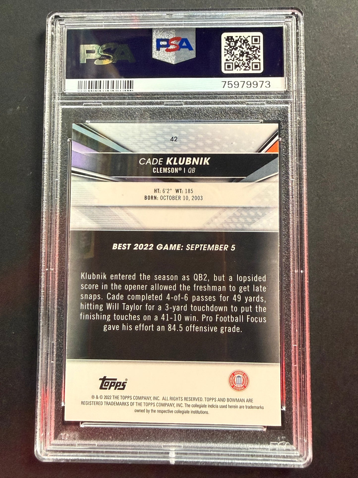 2022 Bowman's Best #42 Cade Klubnik PSA 9 RC Chrome Clemson Tigers