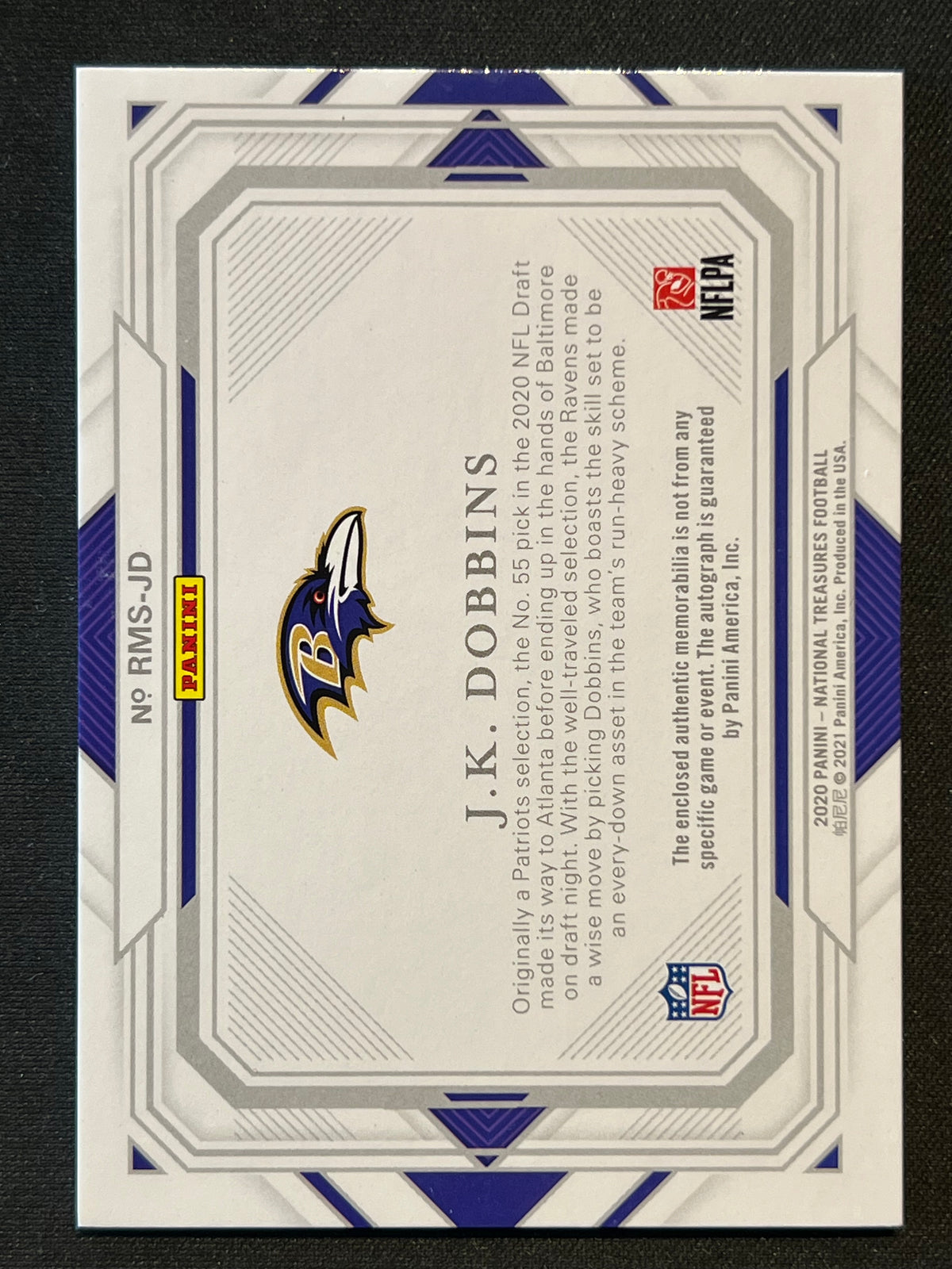2020 Panini National Treasures Rookie Material Signatures RPA J.K. Dobbins 63/99 #RMS-JD
