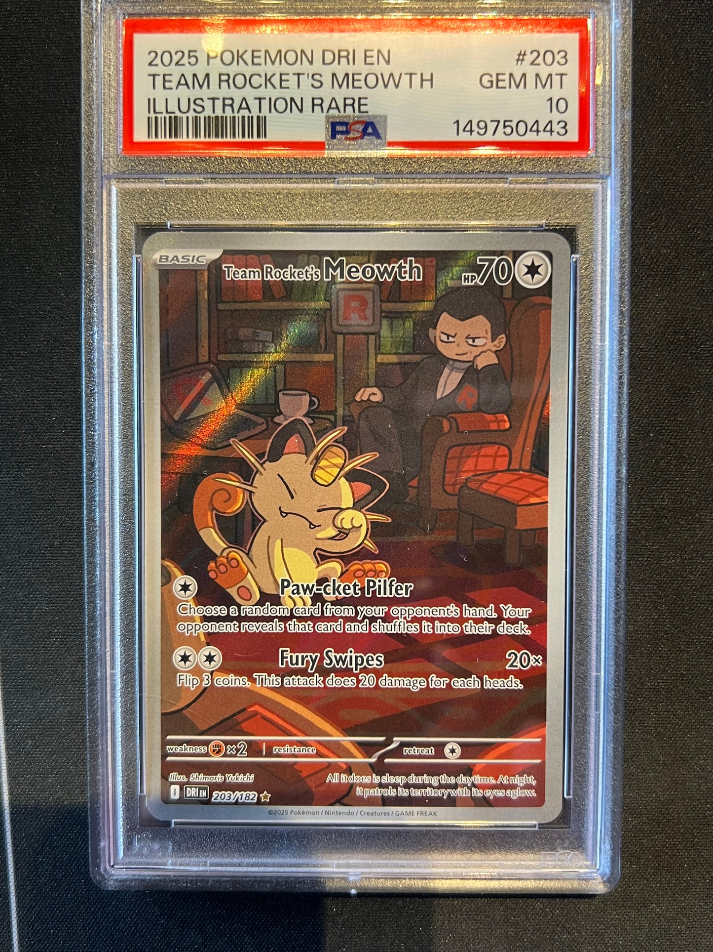 Team Rocket's Meowth 203/182 Sv10: Destined Rivals PSA 10