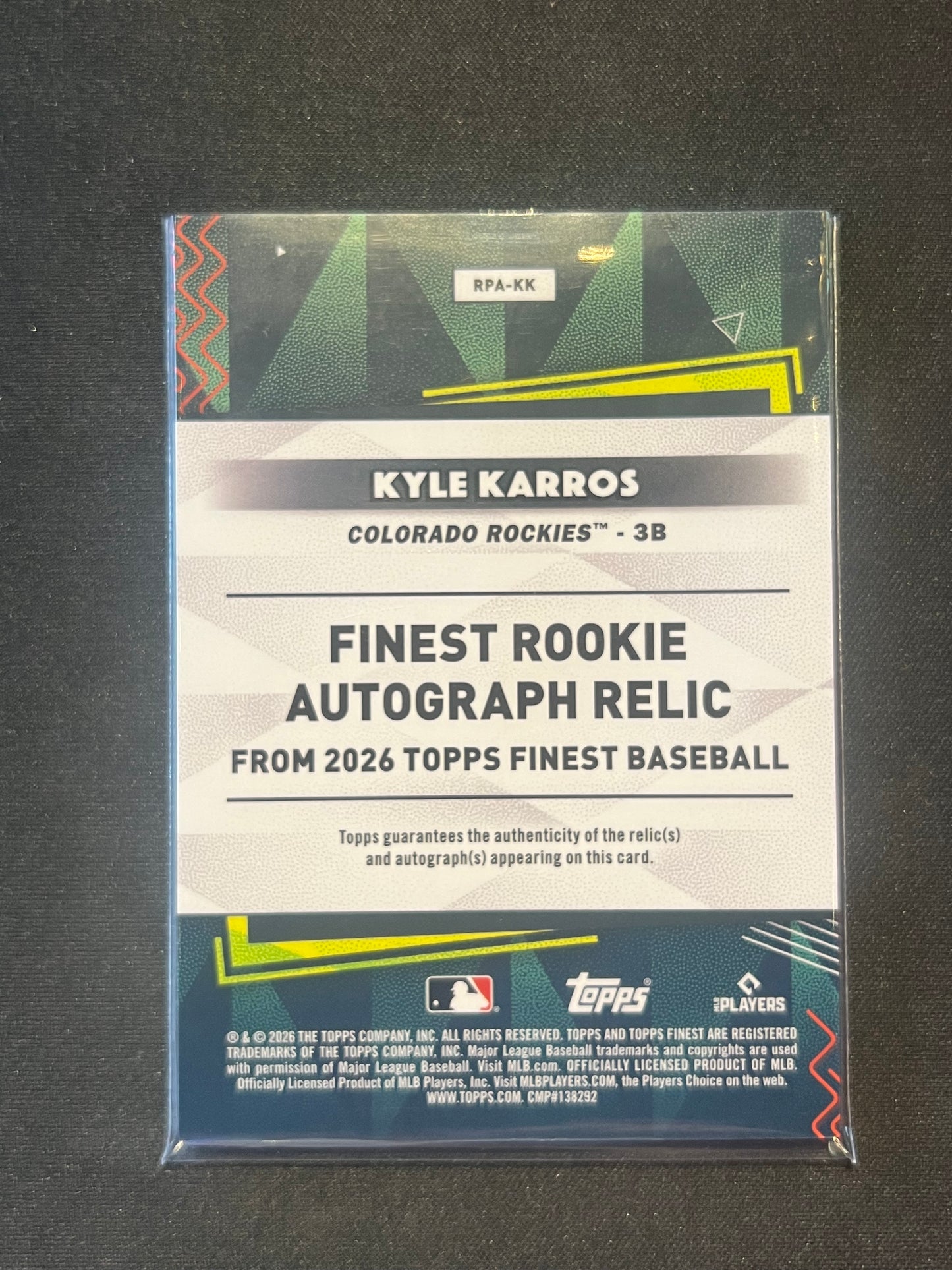 2026 Topps Finest Kyle Karros RC Auto/Relic Green Refractor /99