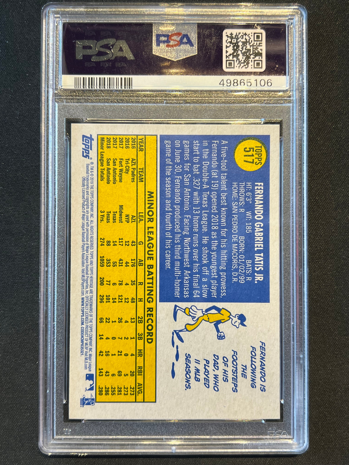2019 Topps Heritage Fernando Tatis Jr. Rookie RC #517 PSA 10 Gem Mint Padres