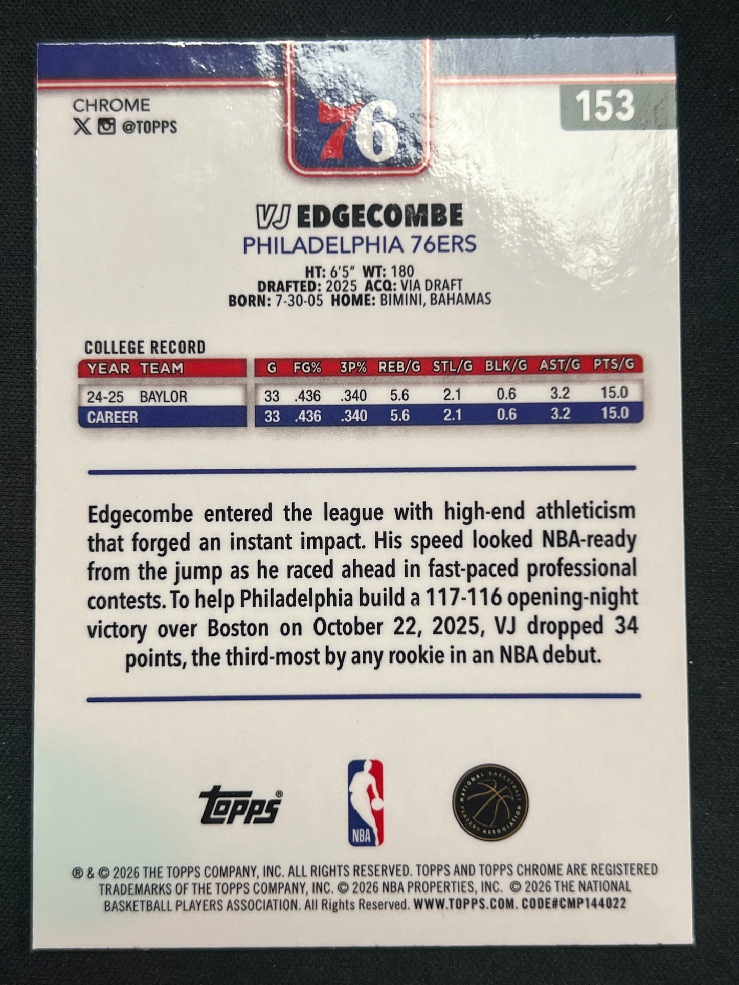 2025-26 Topps Chrome Update VJ Edgecombe #253 RayWave Refractor (RC) Philadelphia 76ers
