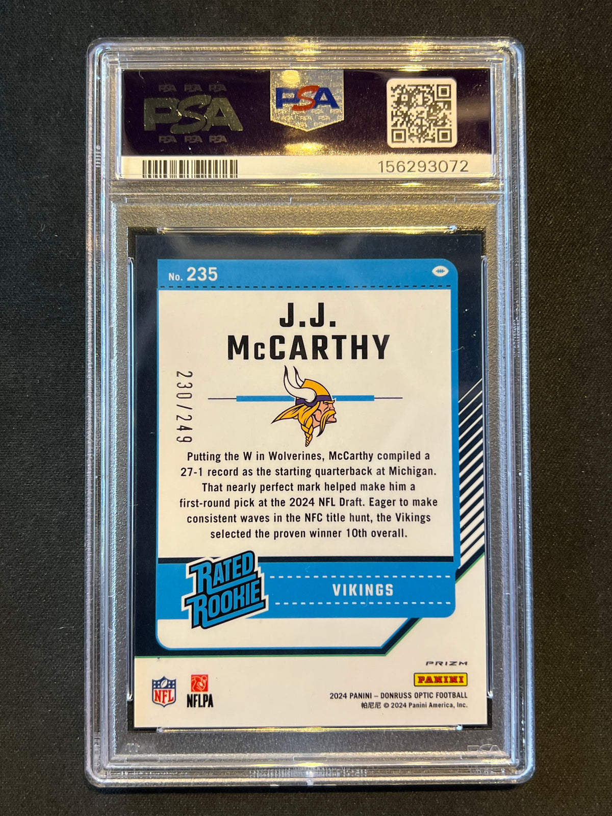 2024 Donruss Optic JJ McCarthy Orange Rated Rookie /249 RC #235 PSA 10 GEM MINT