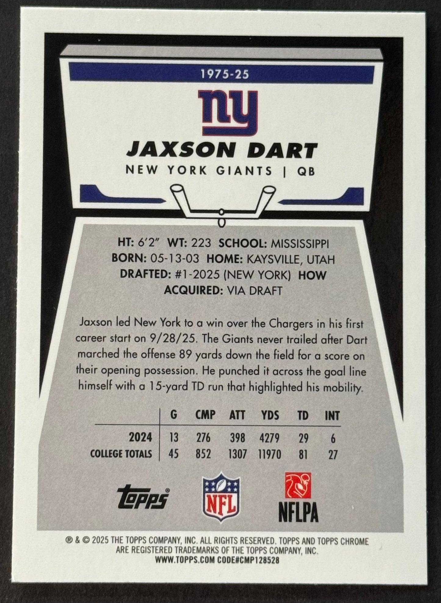 2025 Topps Chrome Jaxson Dart Throwback #1975-25 RC
