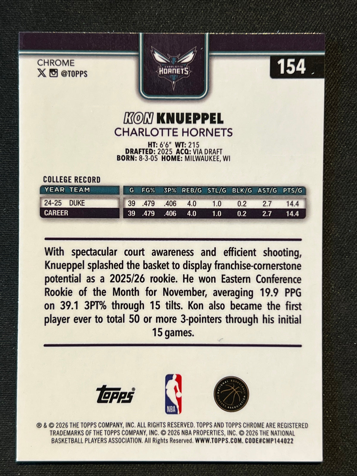 2025-26 Topps Chrome Update Kon Knueppel Image Variation Speckle Refractor RC #154