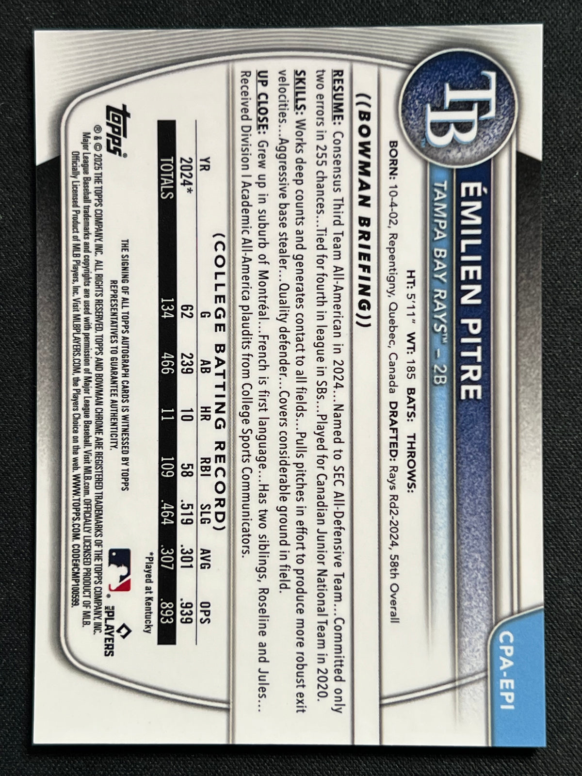 2025 Bowman Chrome - Emilien Pitre #CPA-EPI Speckle Refractor Autograph /299