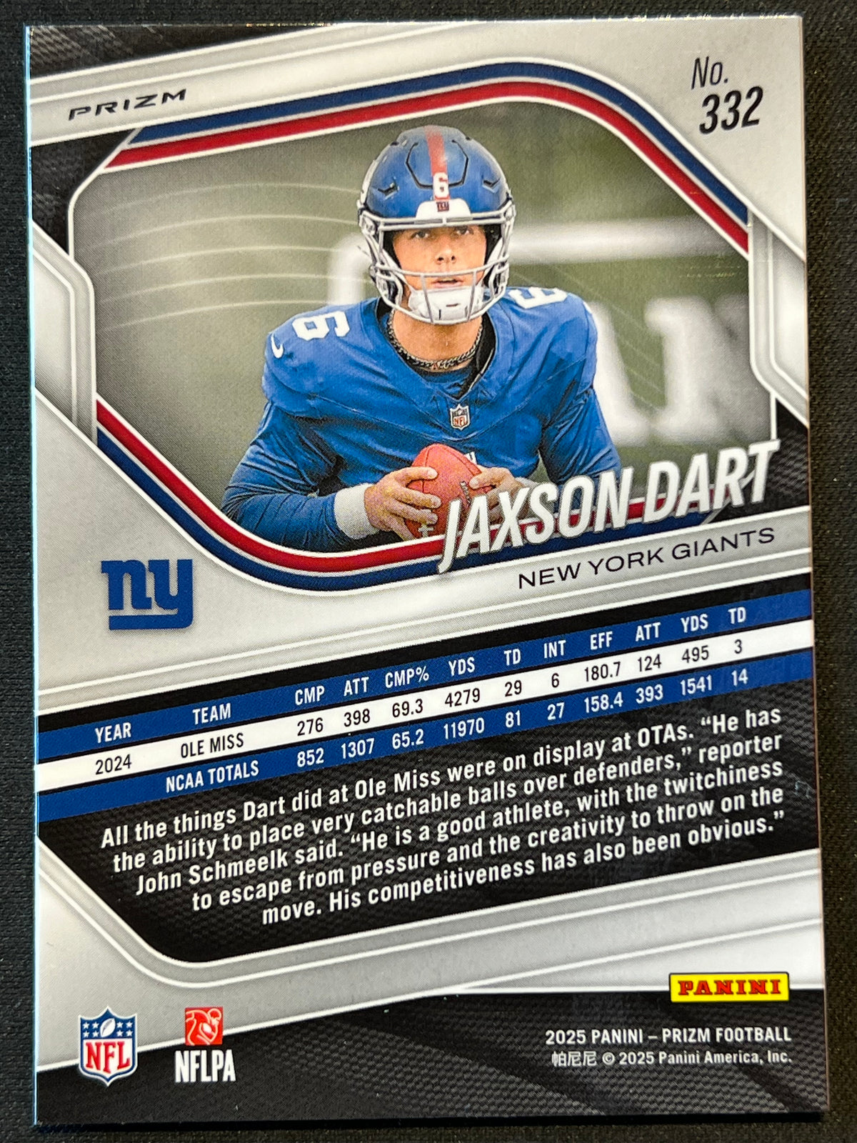 2025 Panini Prizm Jaxson Dart Lazer Rookie RC #332 Giants