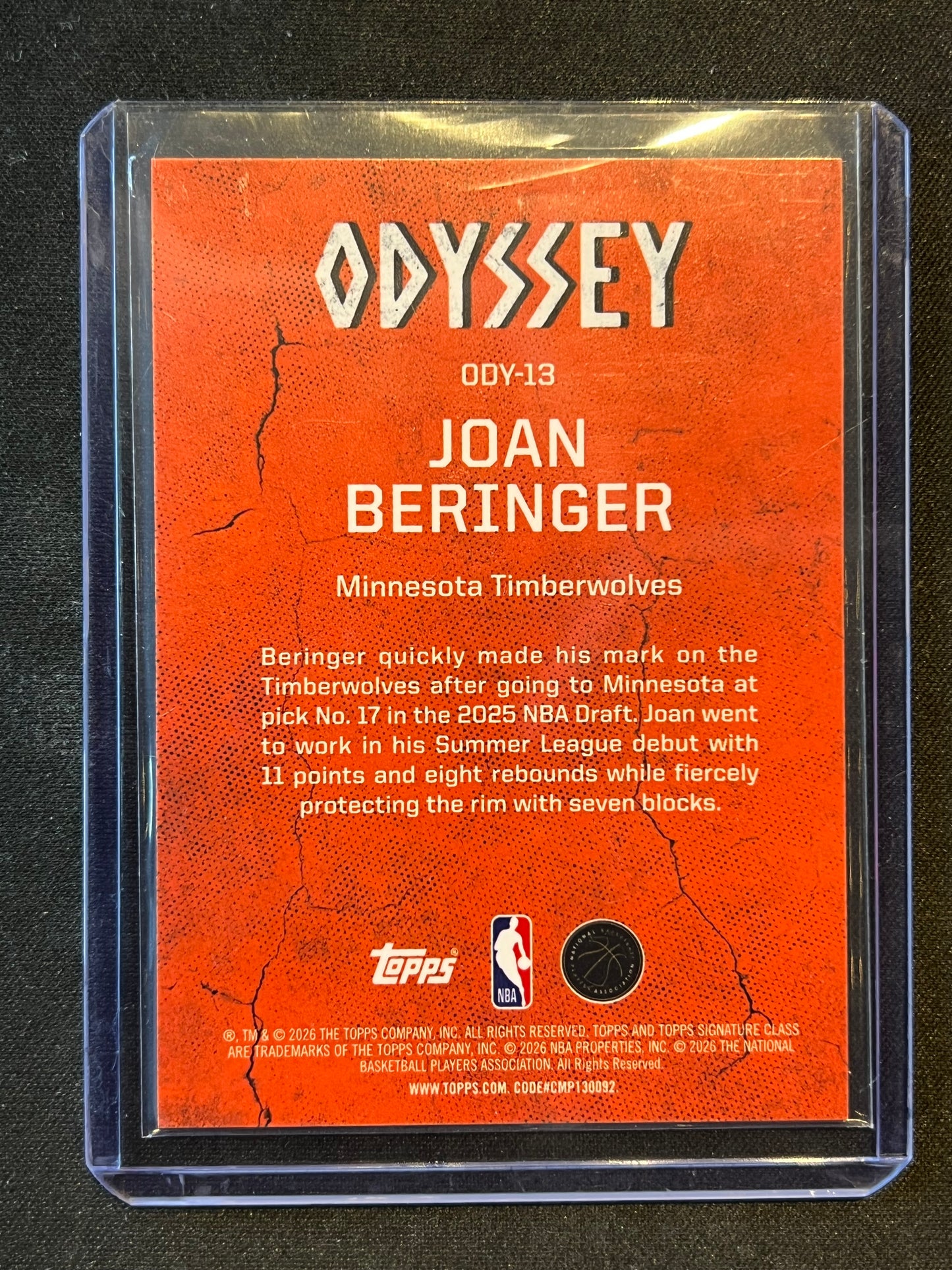 2025-26 Topps Signature Class Joan Beringer Odyssey ODY-13 Timberwolves RC