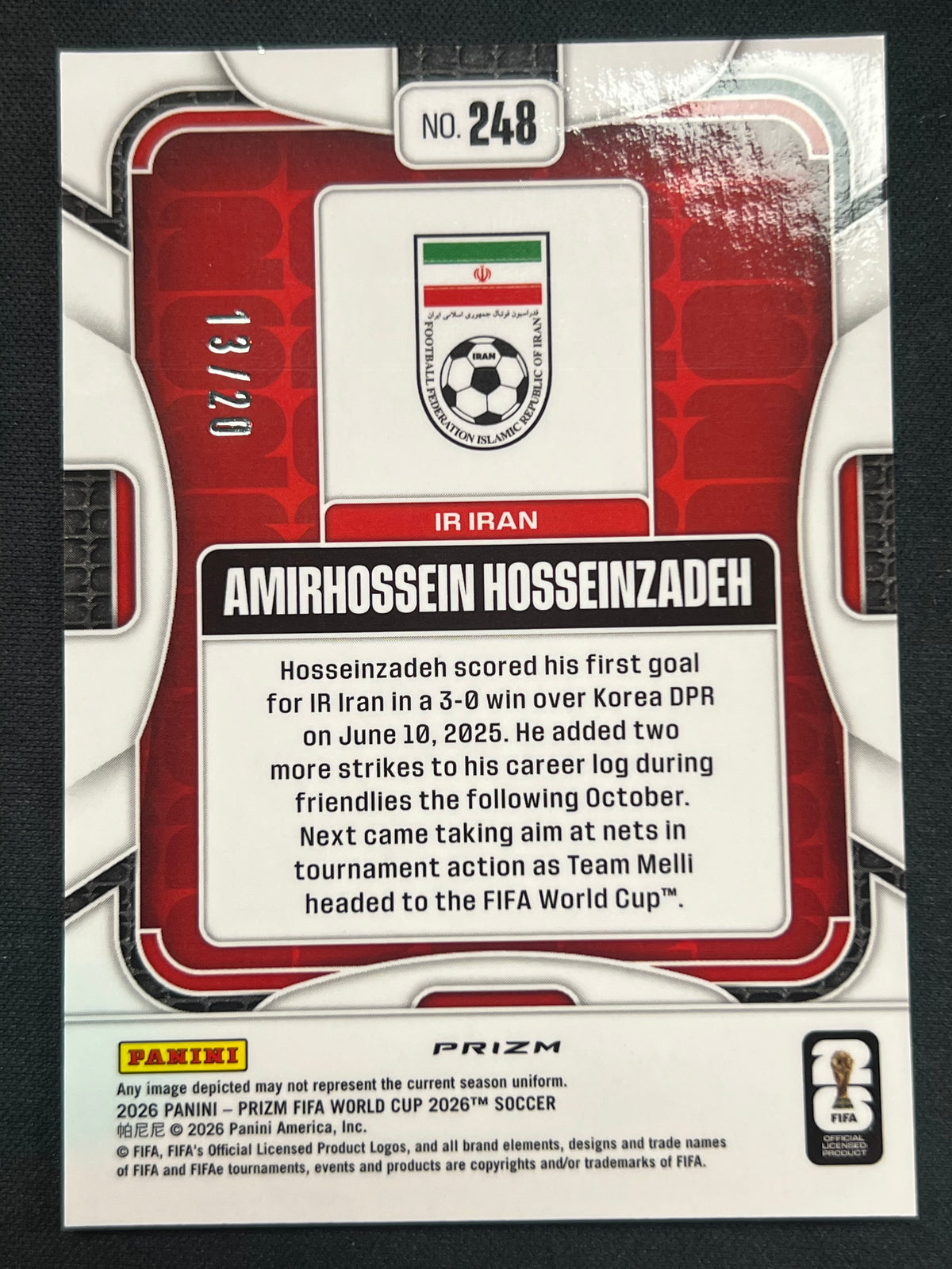 2026 Prizm FIFA World Cup Amirhossein Hosseinzadeh White Disco 13/20 #248 IR Iran Rookie RC