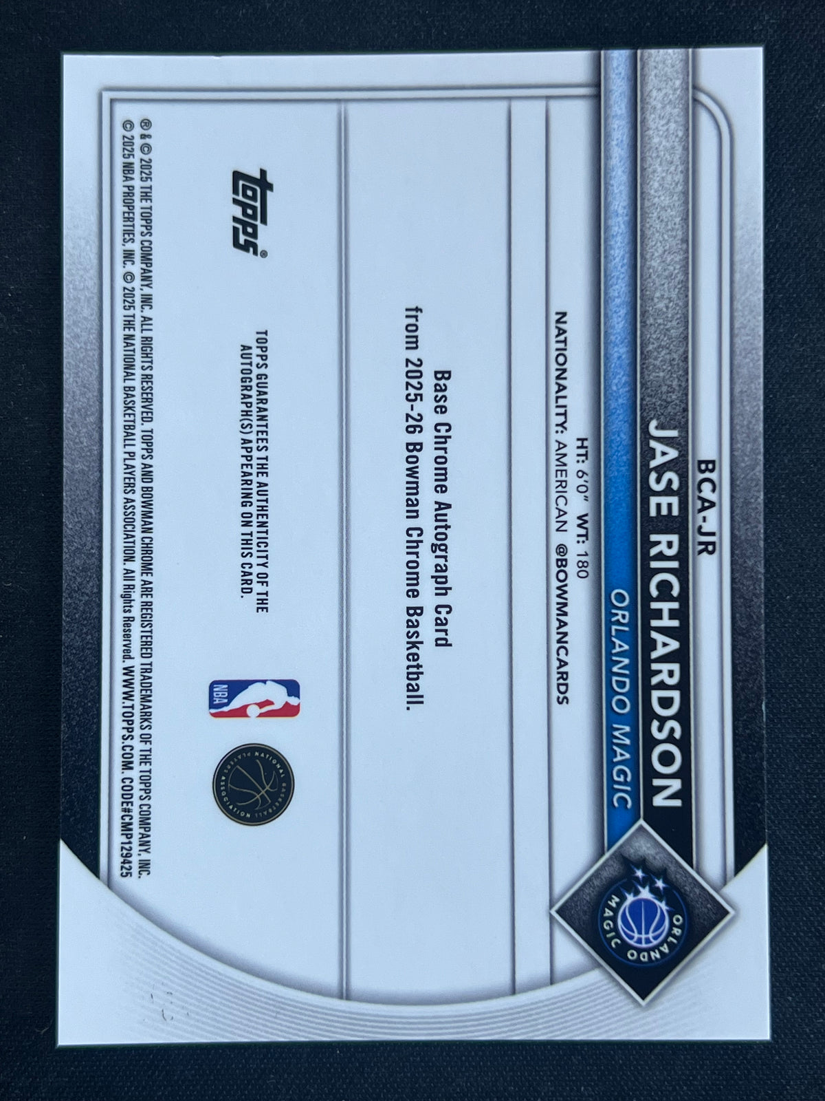 2025-26 Bowman #BCA-JR Jase Richardson Chrome Autograph Gold Refractor 35/50 Rookie