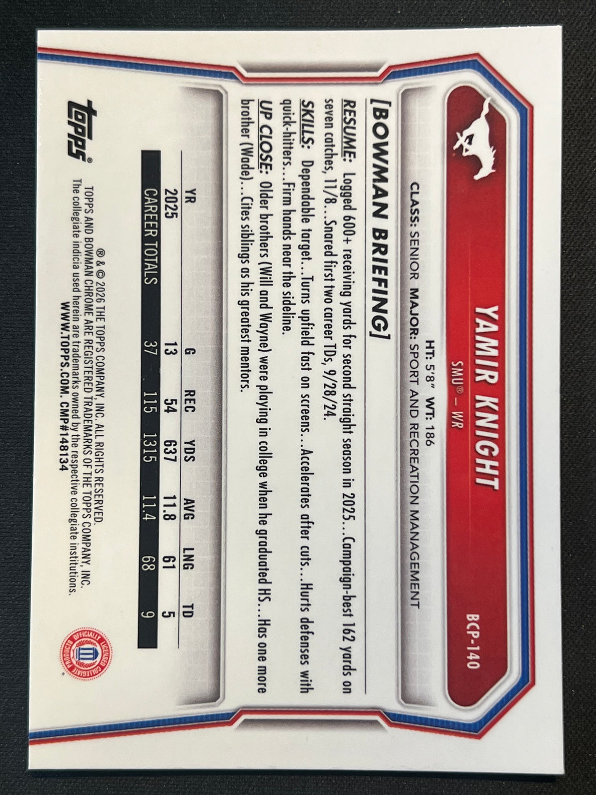 2026 Bowman Chrome U Yamir Knight 1st Bowman #BCP-140 Purple Mojo /75 SMU