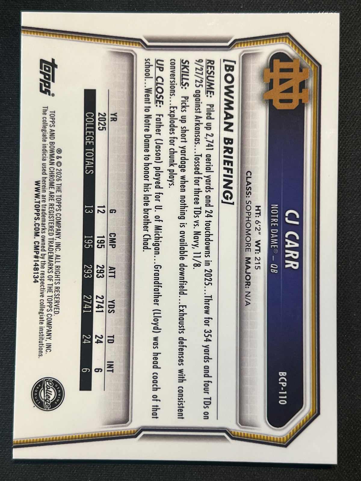 2026 Bowman Football CJ Carr 1st Bowman Chrome Mojo Refractor Notre Dame #BCP-110