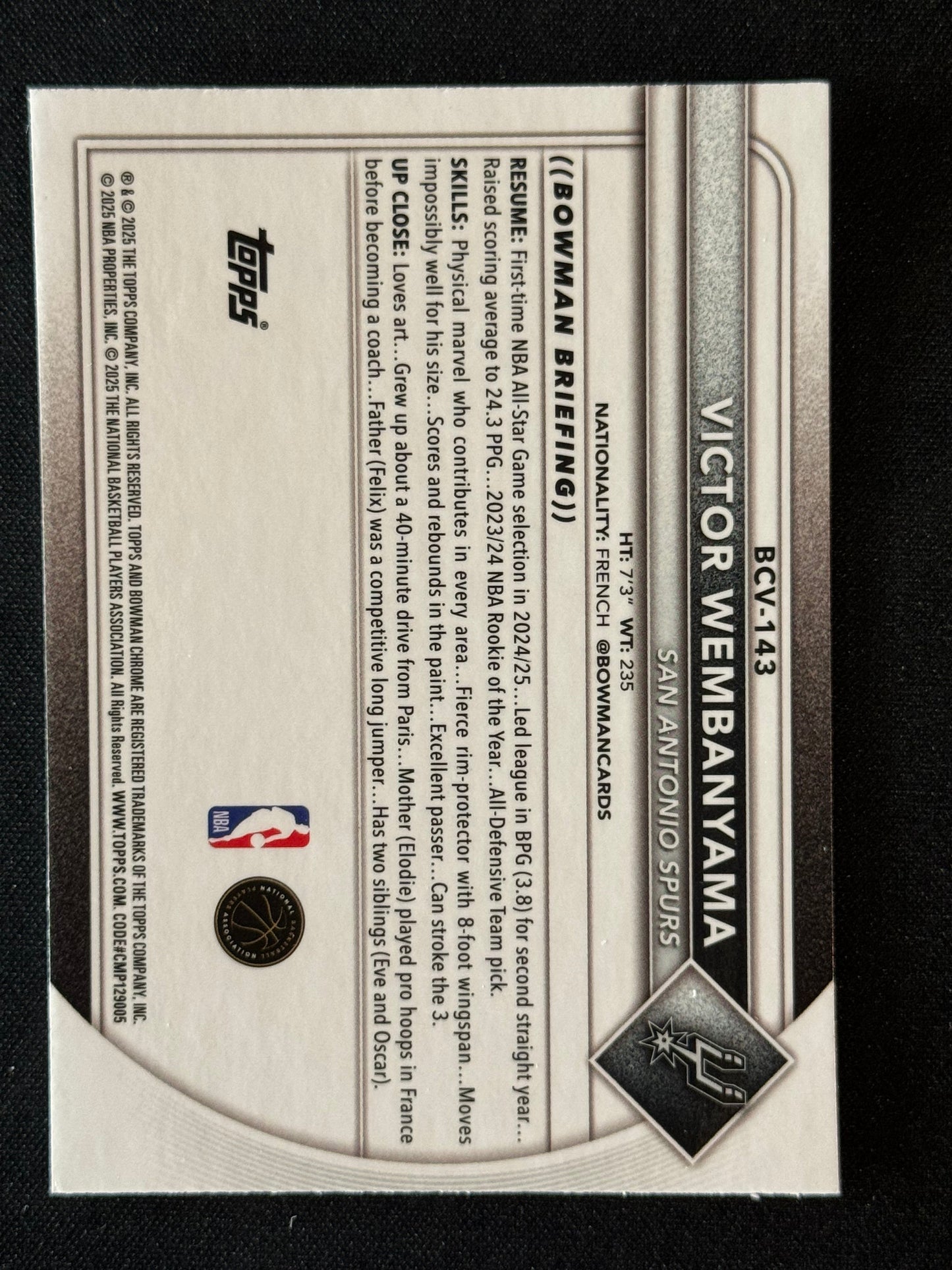 2025-26 Bowman Basketball Victor Wembanyama Chrome Reptilian Refractor #BCV-143