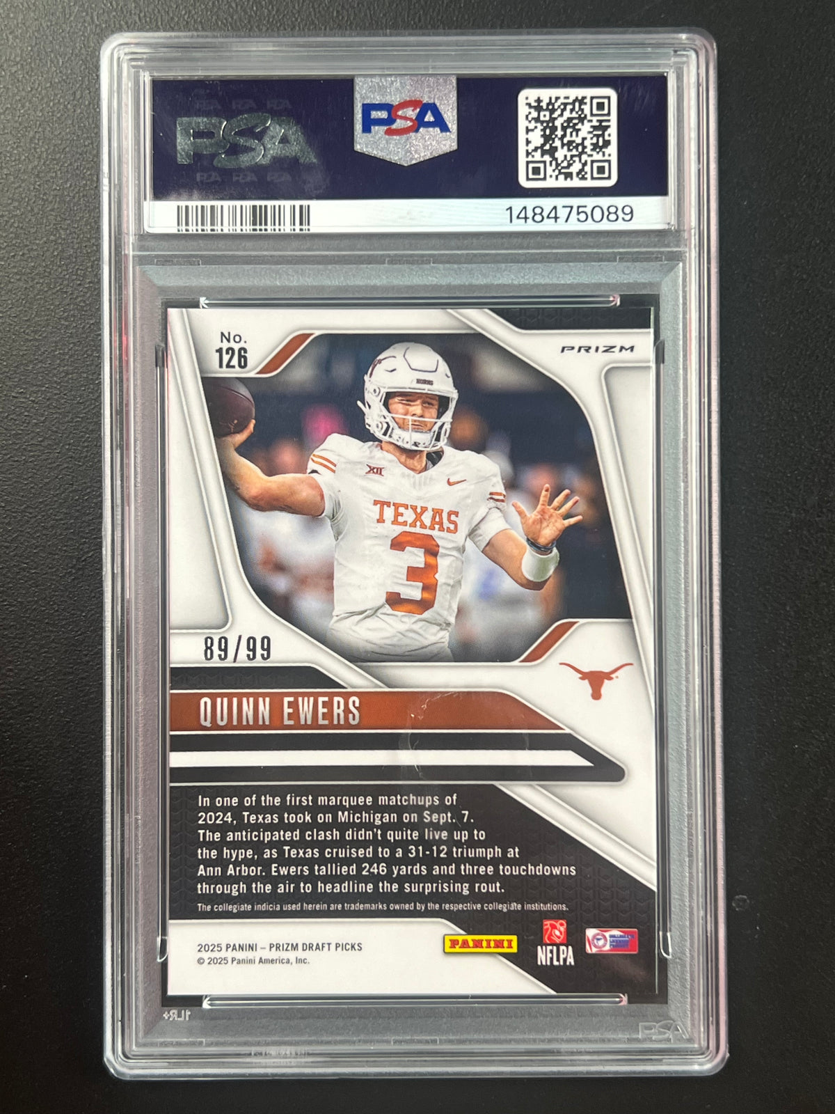 2025 Panini Prizm Draft Picks Quinn Ewers #126 Purple Prizm /99 PSA 9 RC