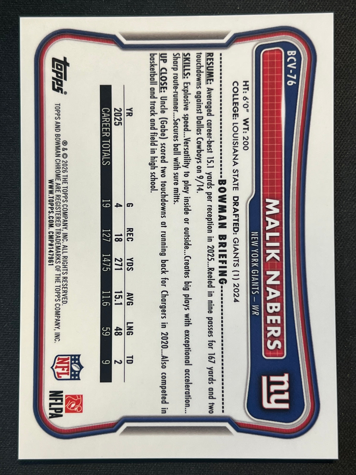 2026 Bowman Chrome Malik Nabers Red Lava Refractor 5/5 #BCV-76 New York Giants COLOR MATCH + LAST ON PRINT