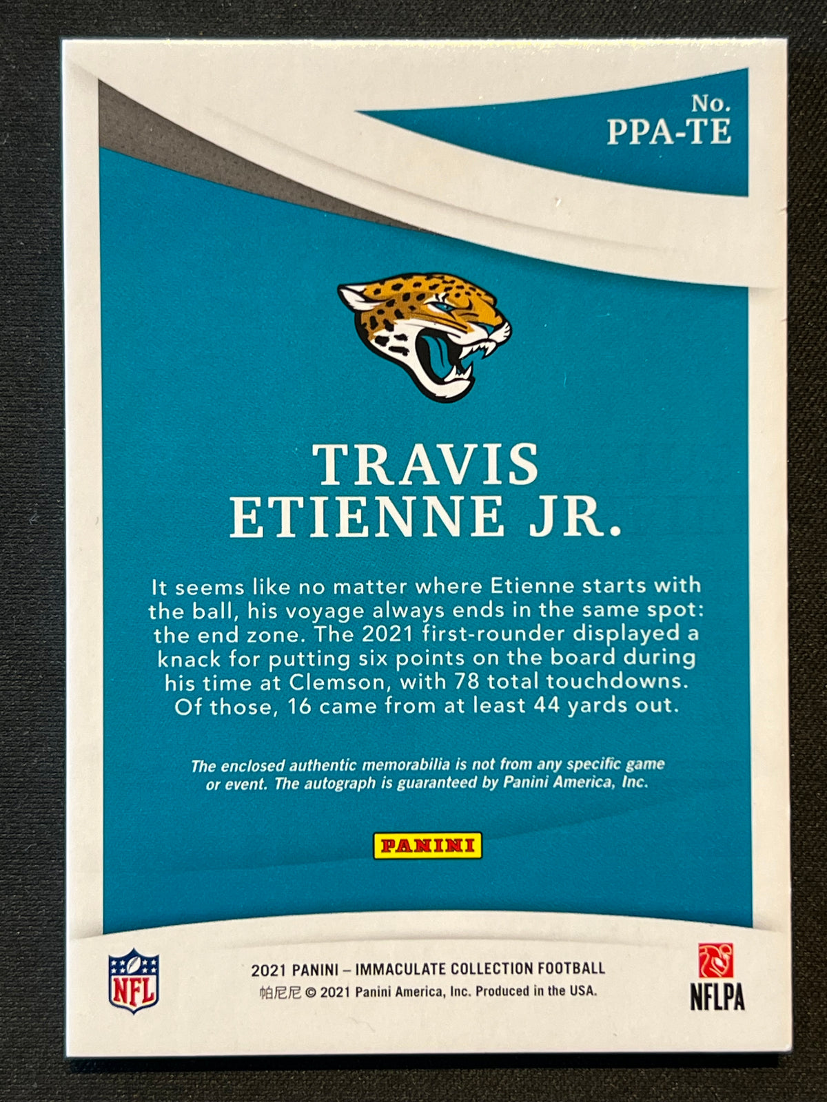 2021 Panini Immaculate Travis Etienne Jr. 85/99 Premium Patch Rookie Autograph RC #PPA-TE
