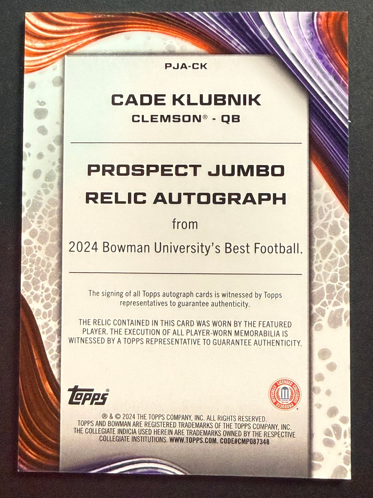 2024 Bowman U Best Prospect Jumbo Patch Auto Cade Klubnik Refractor #PJA-CK Clemson Tigers