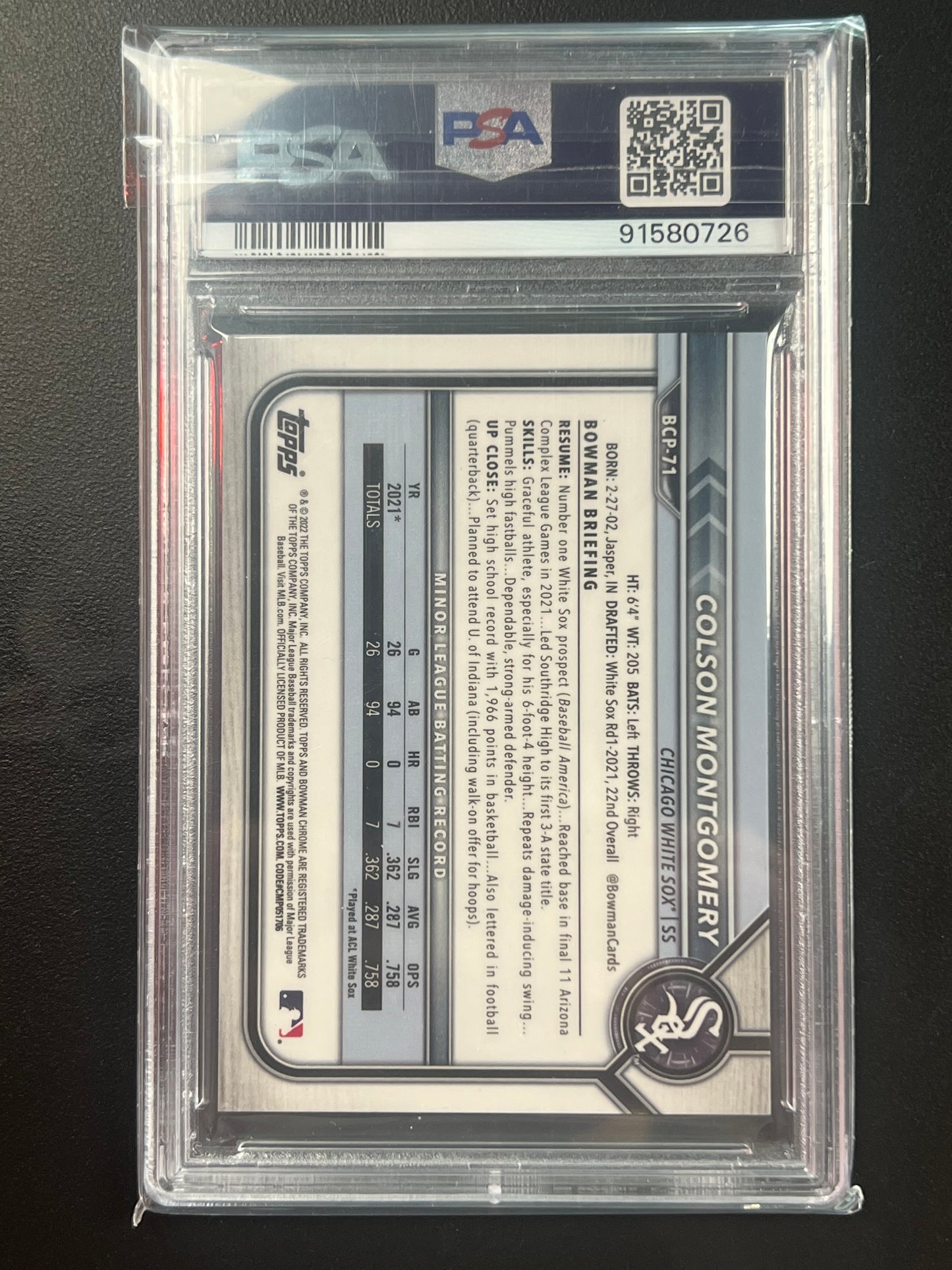 2022 Bowman 1st Chrome Refractor Speckled /299 Colson Montgomery #BCP-71 PSA 10