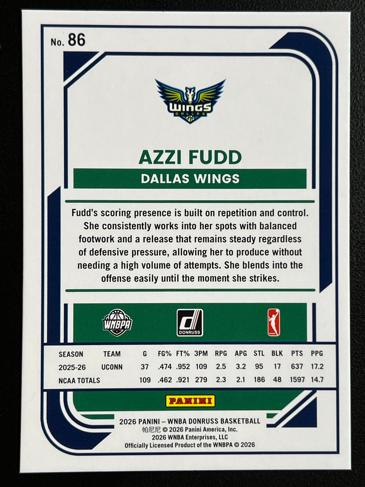 2026 Panini WNBA Donruss Basketball Rated Rookie RC Azzi Fudd #86 Green Shimmer