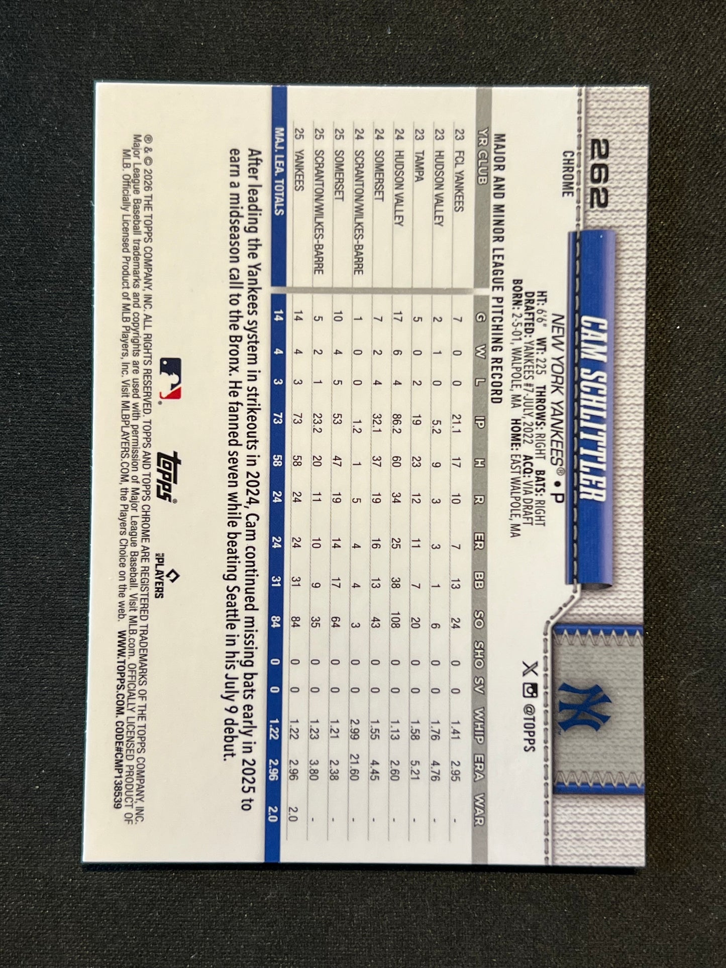 2026 Topps Chrome Logofractor Cam Schlittler Rookie #262