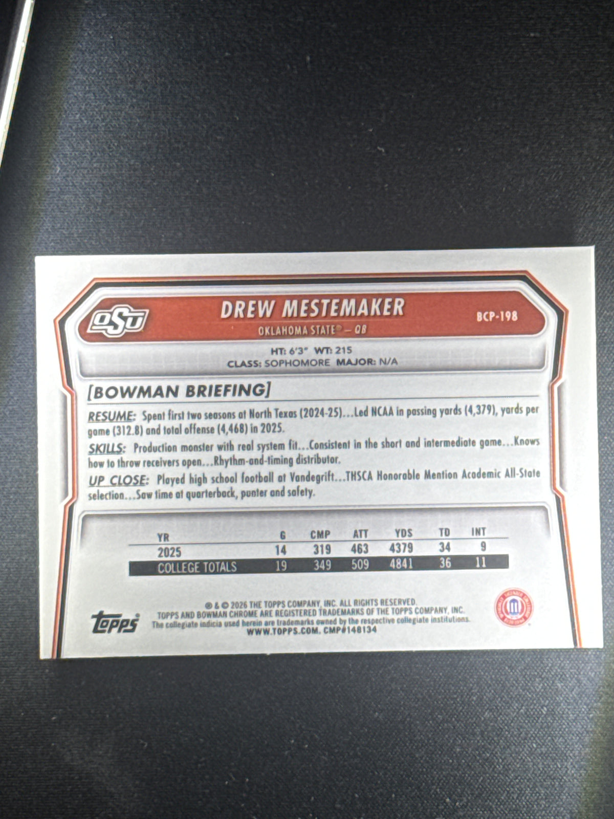2026 Bowman Football Chrome Drew Mestemaker 1st Bowman