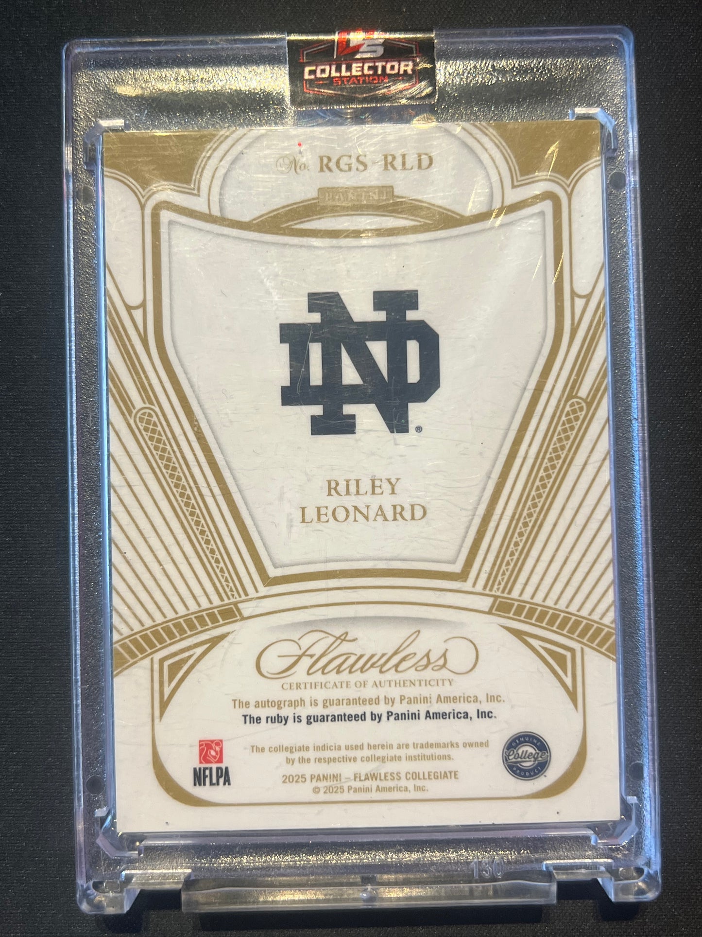 Panini 2025 Flawless Riley Leonard #RGS-RLD Ruby /20 RC