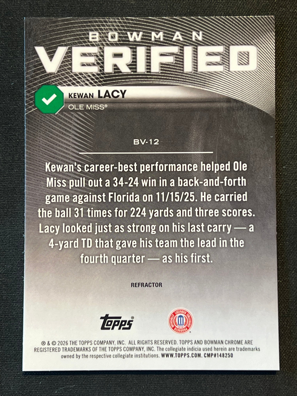 2026 Bowman Chrome U Kewan Lacy Verified Refractor #BV-12