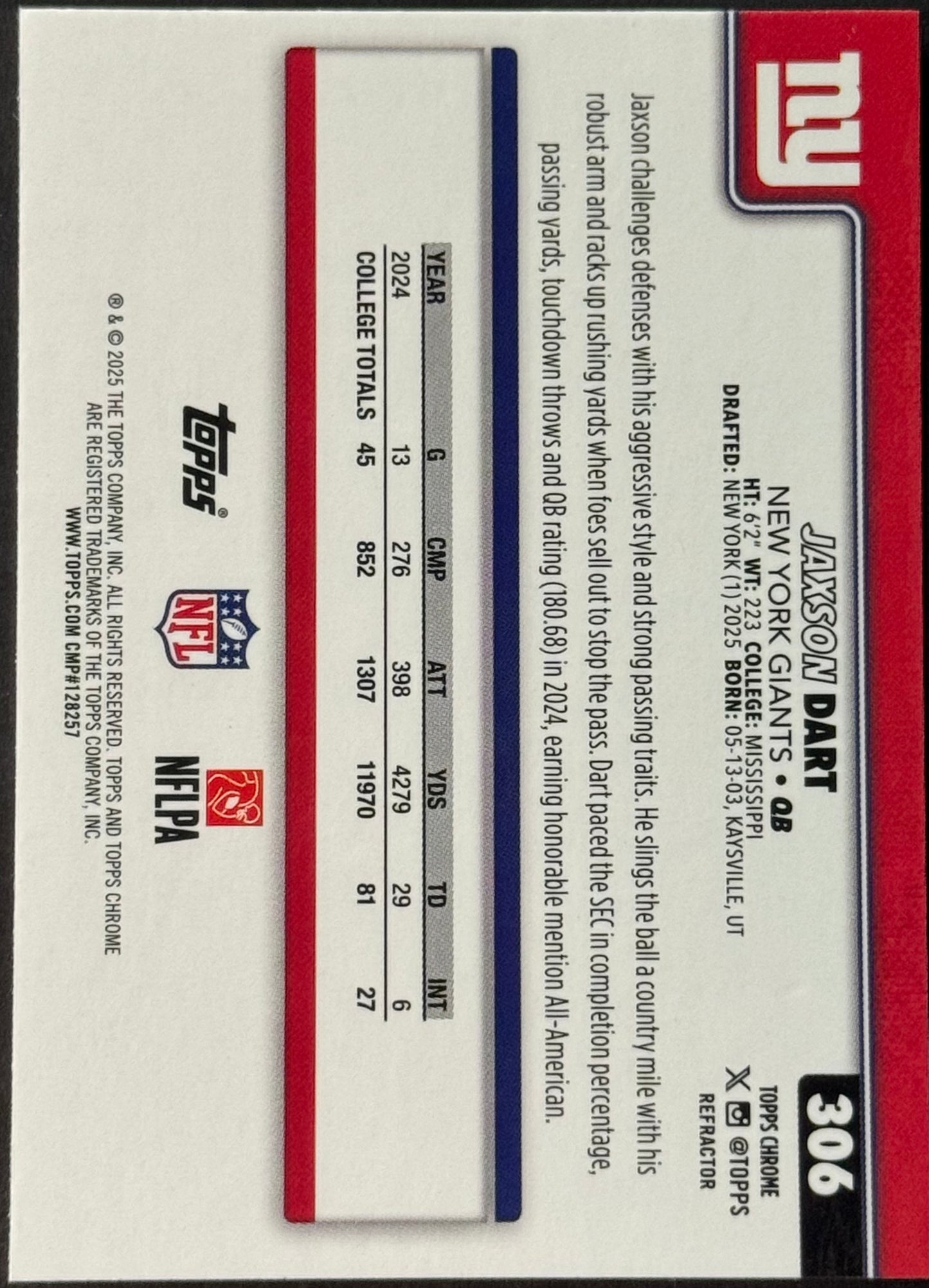 2025 Topps Chrome Football Jaxson Dart Refractor #306 (RC)