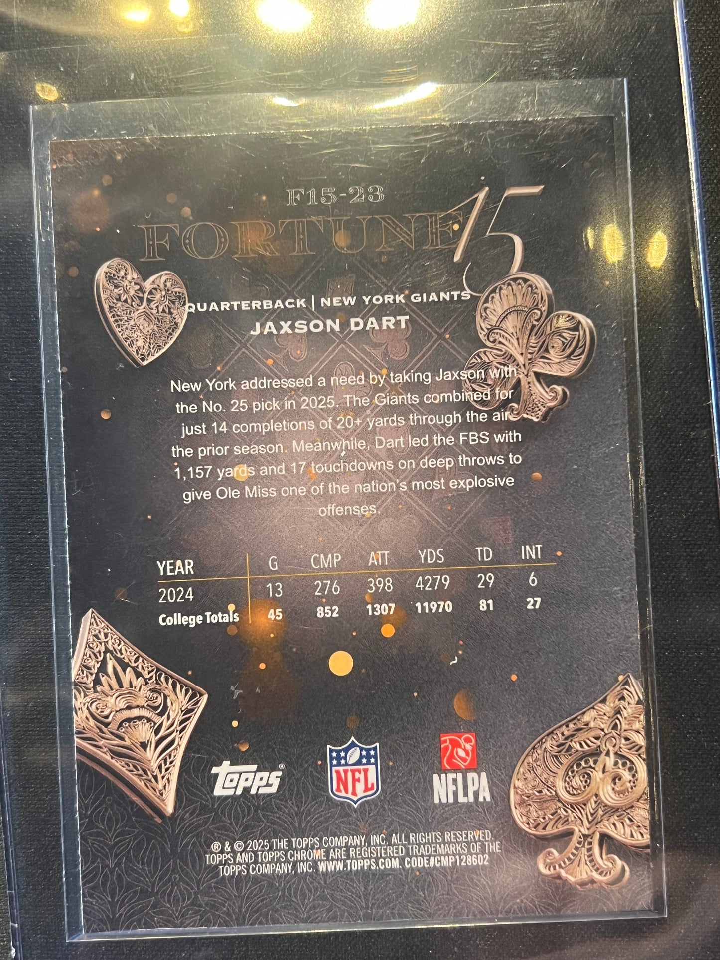 2025 Topps Chrome Football - Jaxson Dart Fortune 15 Blue Refractor Rookie 8/150 #F15-23 Giants