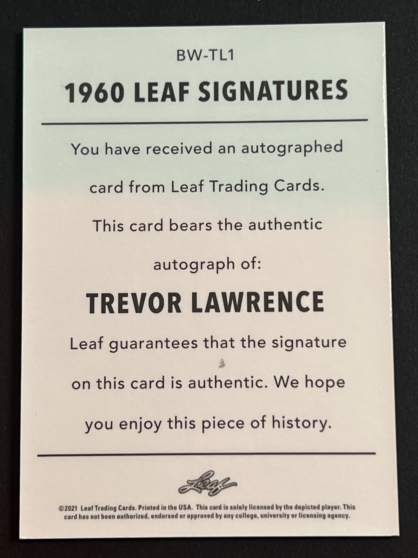 2021 Leaf Memories Trevor Lawrence 1960 Autograph #BW-TL1 Spectrum Silver 1/5 FIRST ON PRINT