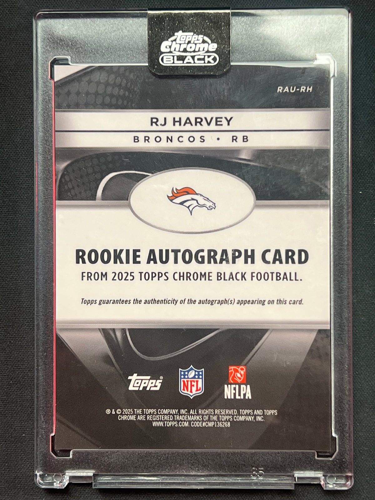 2025 Topps Chrome Black Football RJ Harvey Rookie Autograph #RAU-RH Broncos