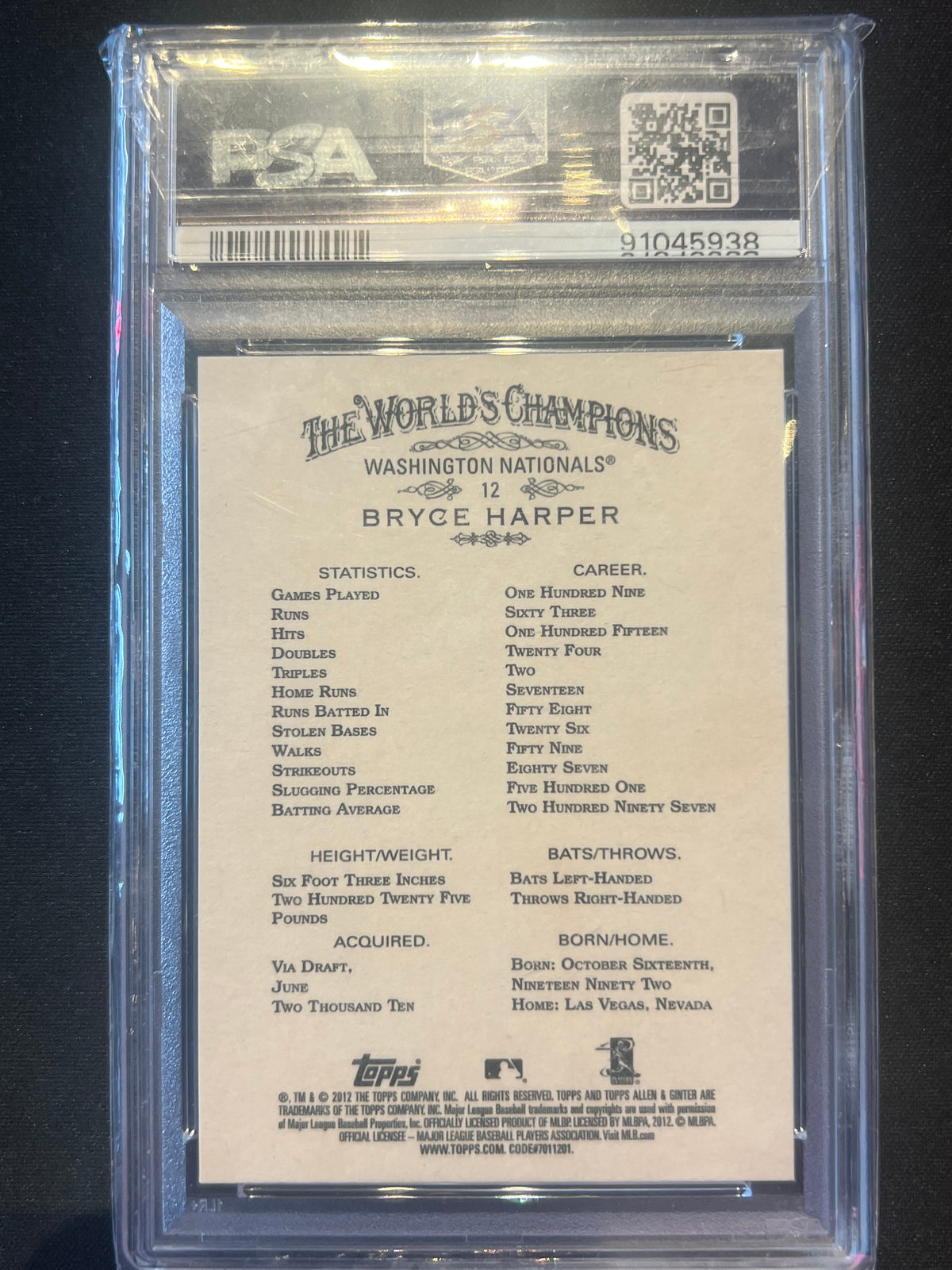 2012 Topps Allen & Ginter #12 Bryce Harper Washington Nationals Rookie PSA 9 MINT