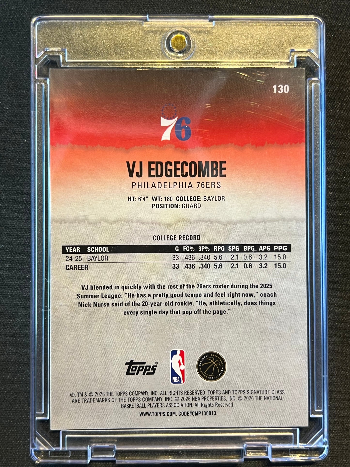 2025-26 Topps Signature Class VJ Edgecombe #130 Pink Refractor Rookie RC /75