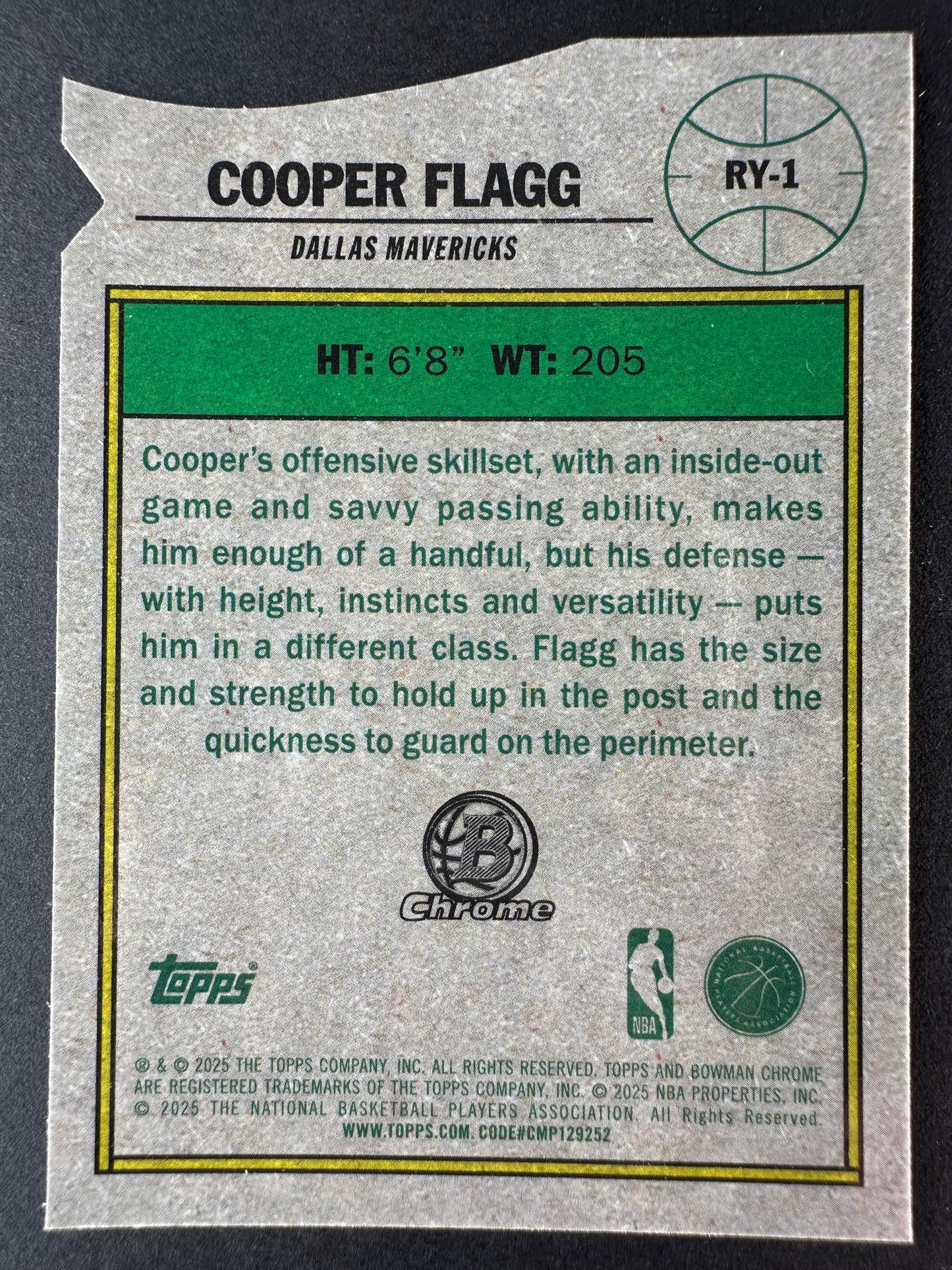 2025 Bowmen Cooper Flagg Rookie Of The Year Favorites Chrome Die Cut