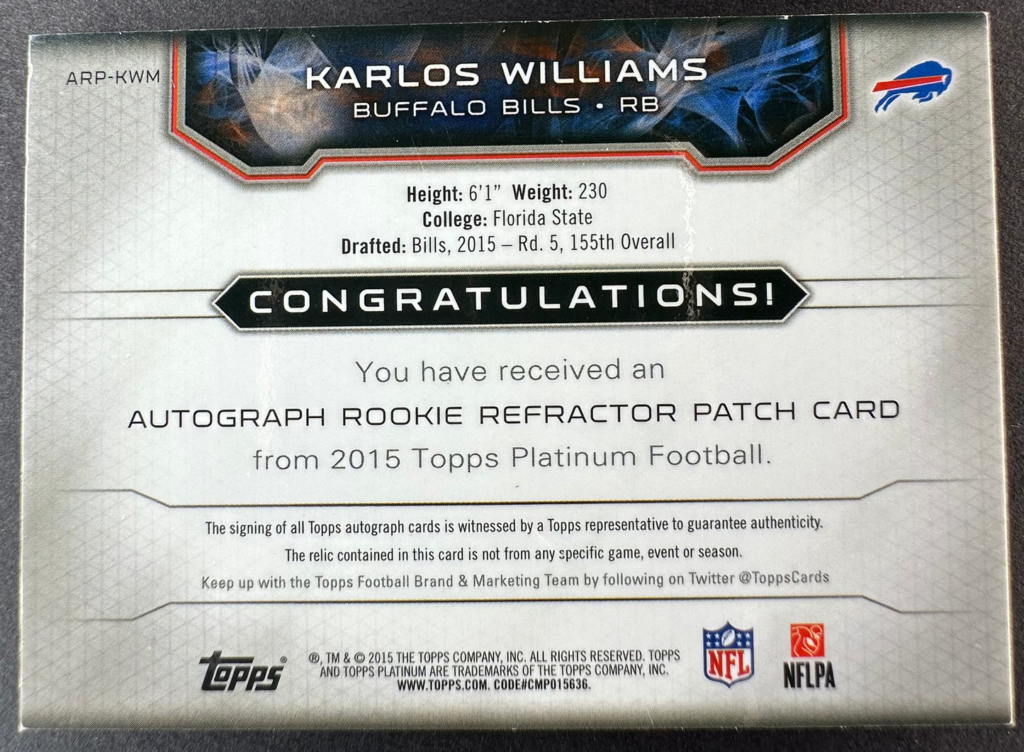 2015 Topps Platinum Karlos Williams RPA