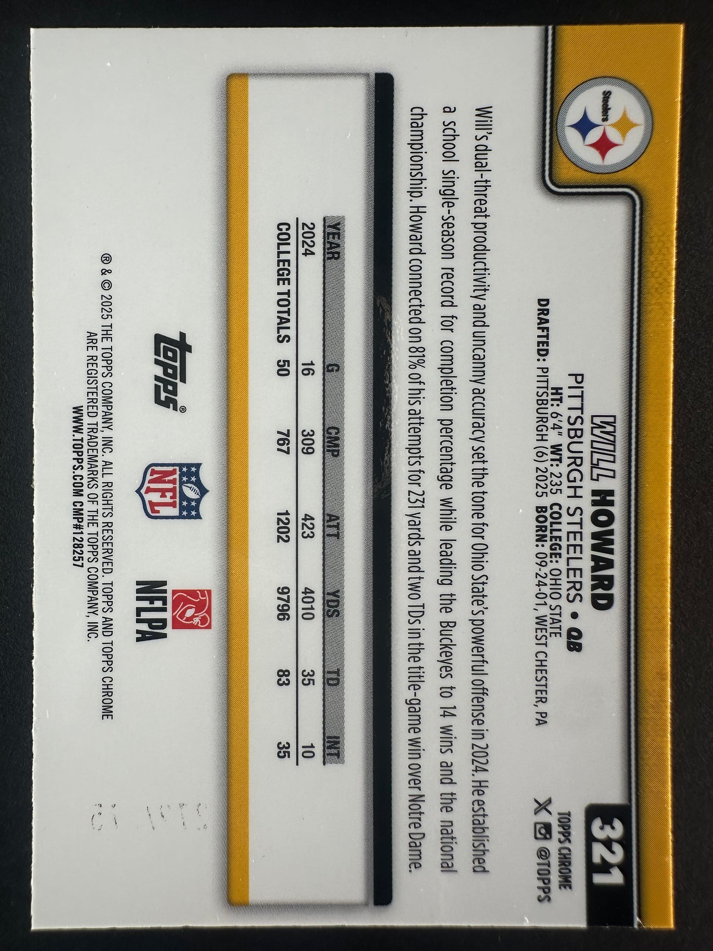 2025 Topps Chrome Will Howard yellow /275