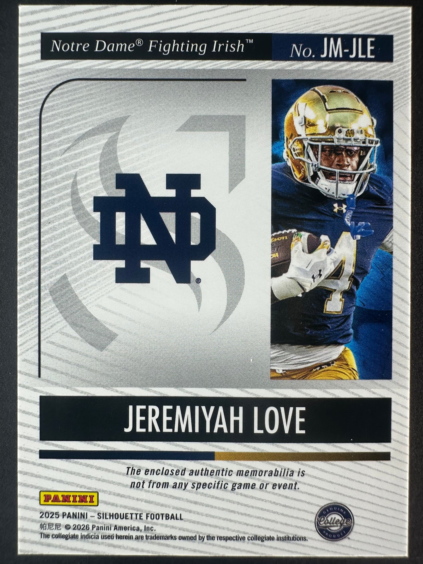 2025 Jeremiyah Love Silhouette Jumbo Patch /49 Notre Dame