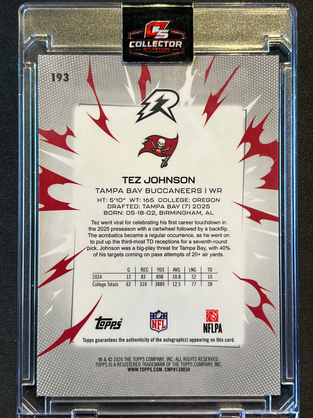2025 Topps Tez Johnson RC Auto Certified Autograph Issue #193 Buccaneers