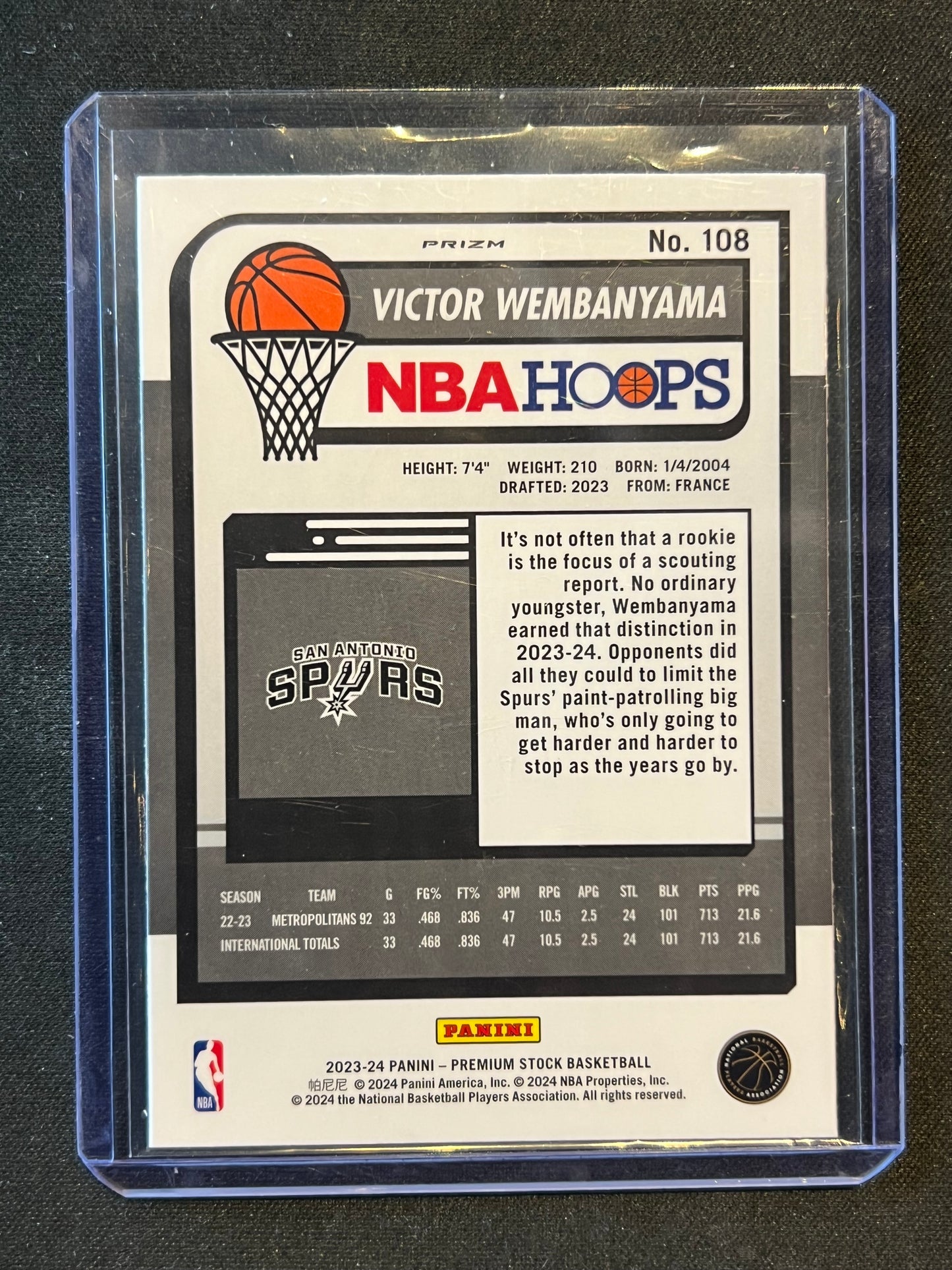 2023-24 Panini Nba Hoops Premium Stock - Victor Wembanyama #108 Ice Prizm Rookie